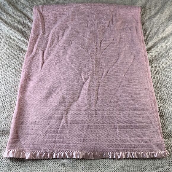 VTG Pink Acrylic Blanket Satin Trim Waffle Weave 66x88 Twin Size USA Excellent - Picture 5 of 12
